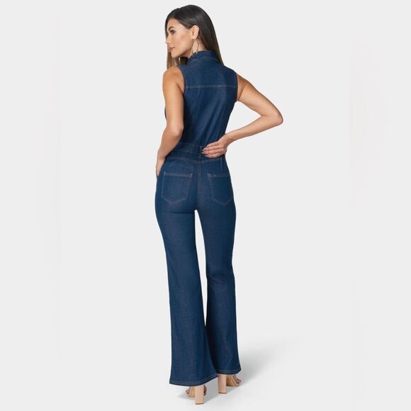 NWT Bebe Women's The Feminine Utility Jumpsuit in Denim Indigo Blue Size Medium - Picture 3 of 10